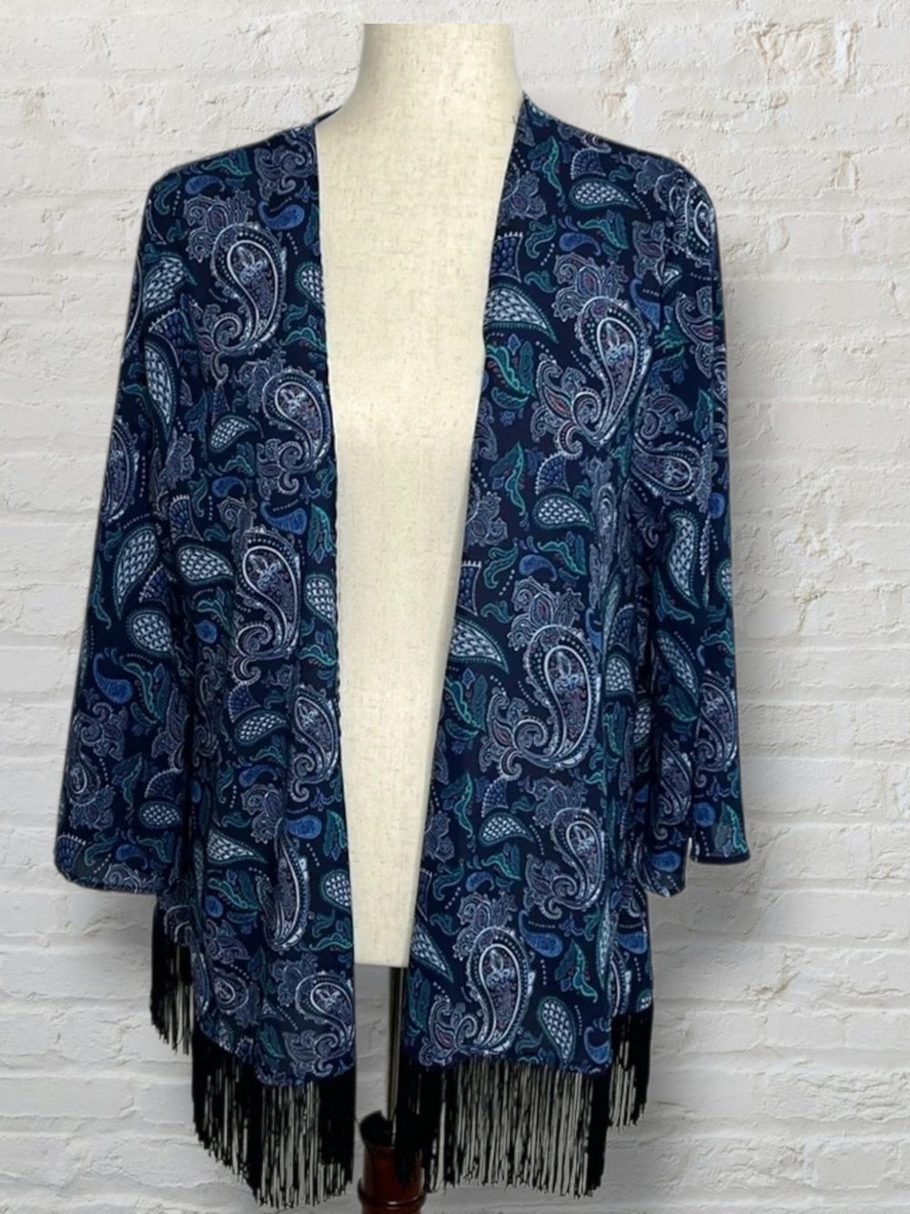 Navy Paisley Fringe Open-Front Women's Sweater